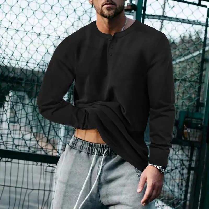 Men's Blue Long Sleeve Round Neck T-Shirt Loose Pullover — feature 11