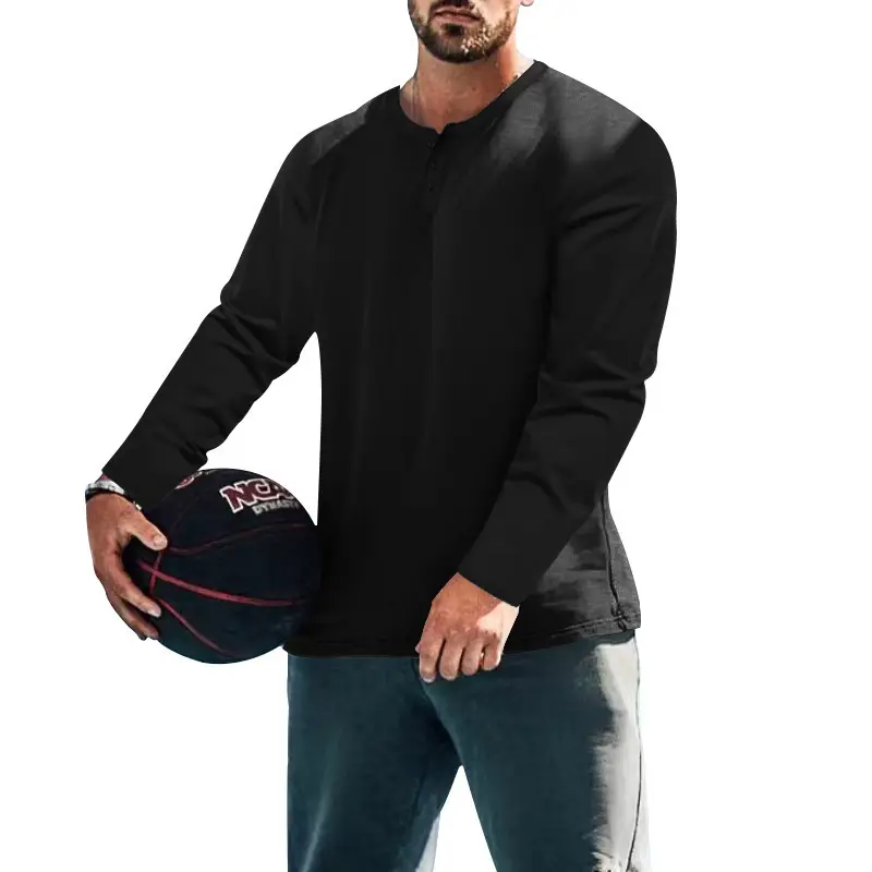 Men's Blue Long Sleeve Round Neck T-Shirt Loose Pullover — feature 13
