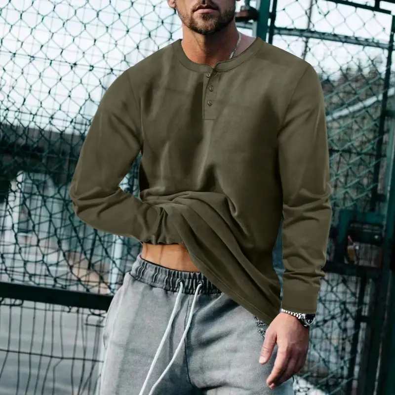 Men's Blue Long Sleeve Round Neck T-Shirt Loose Pullover — feature 14