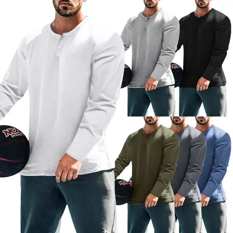 Men's Blue Long Sleeve Round Neck T-Shirt Loose Pullover — feature 2