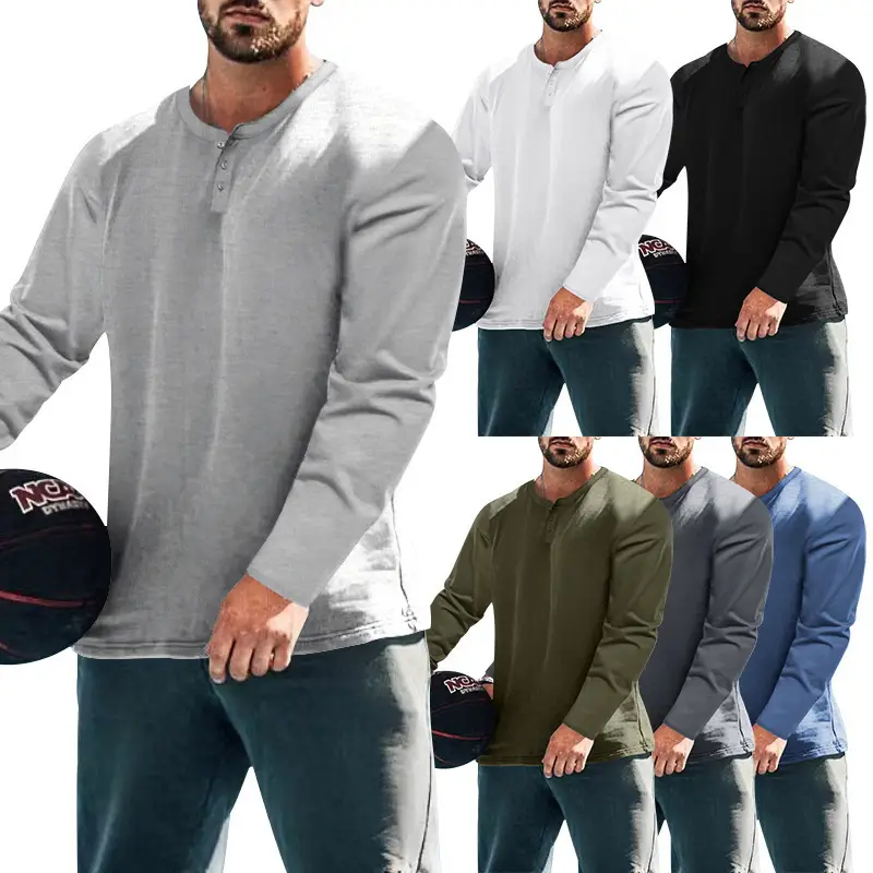 Men's Blue Long Sleeve Round Neck T-Shirt Loose Pullover — feature 20