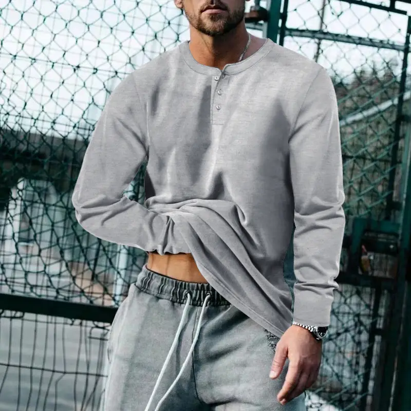 Men's Blue Long Sleeve Round Neck T-Shirt Loose Pullover — feature 21