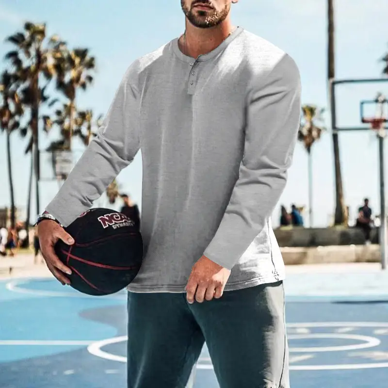Men's Blue Long Sleeve Round Neck T-Shirt Loose Pullover — feature 22