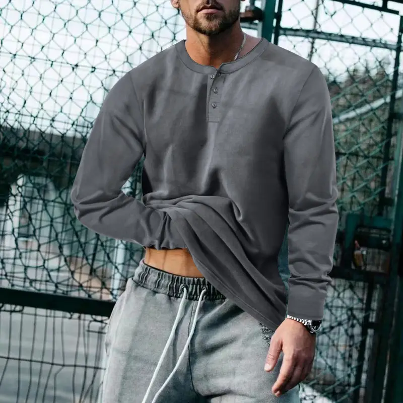 Men's Blue Long Sleeve Round Neck T-Shirt Loose Pullover — feature 24