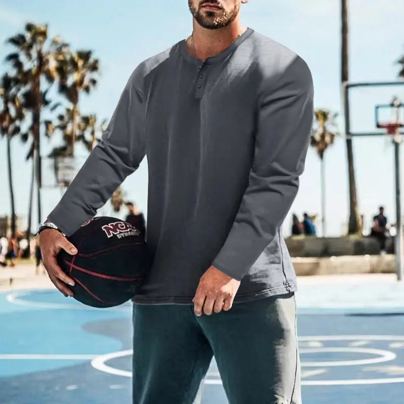 Men's Blue Long Sleeve Round Neck T-Shirt Loose Pullover — feature 25