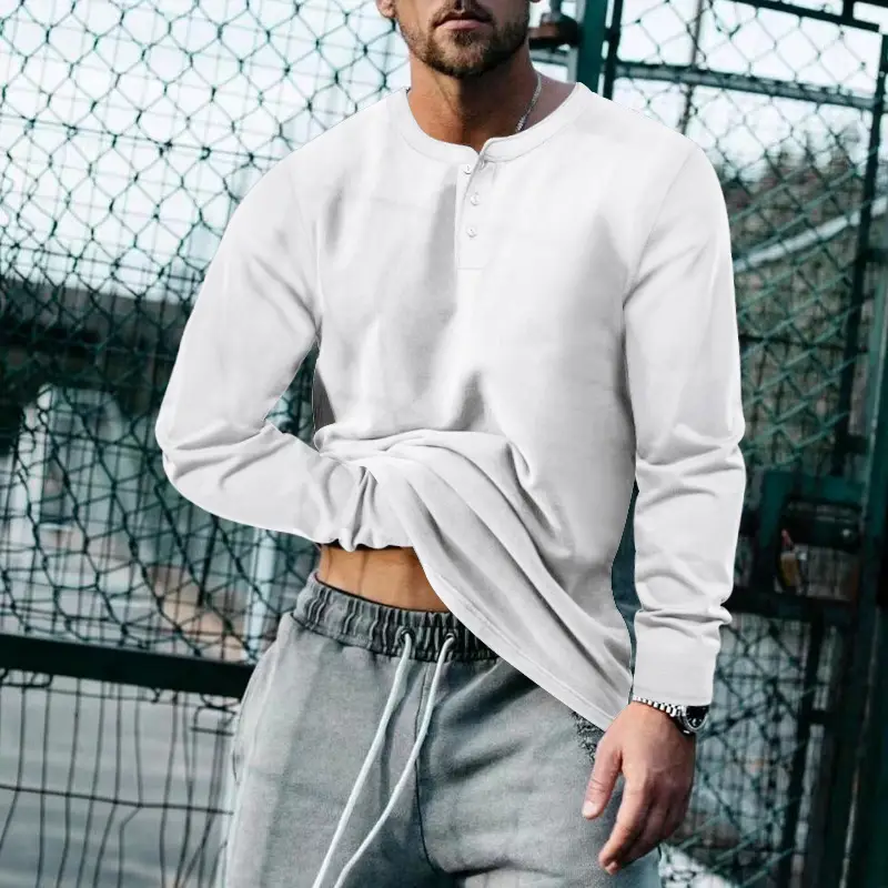 Men's Blue Long Sleeve Round Neck T-Shirt Loose Pullover — feature 8