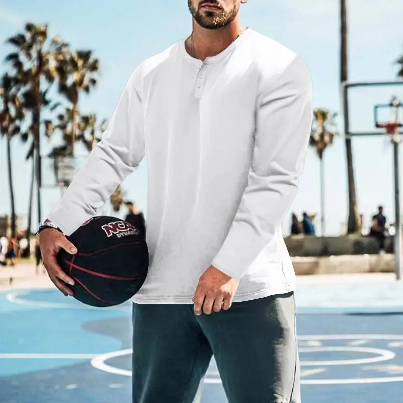 Men's Blue Long Sleeve Round Neck T-Shirt Loose Pullover — feature 9