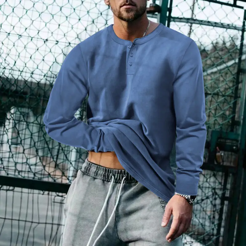 Men's Blue Long Sleeve Round Neck T-Shirt Loose Pullover - Image 6