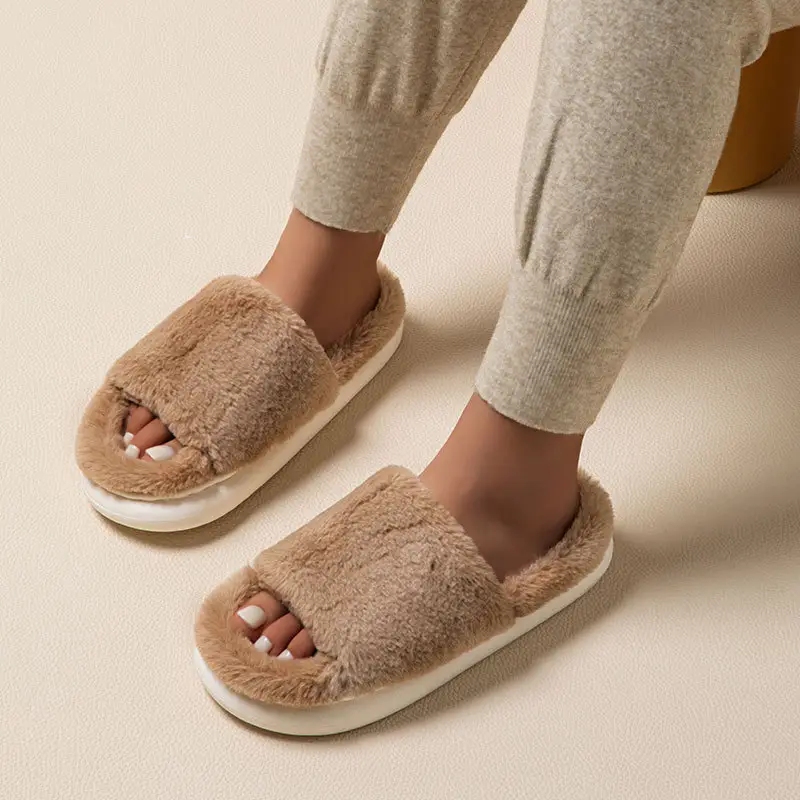 Cross-Border Thick-Soled Furry Slippers for Home Use, Indoor Cotton Slippers for Women, Plush Open-Toe Home Slippers for Men - Image 2