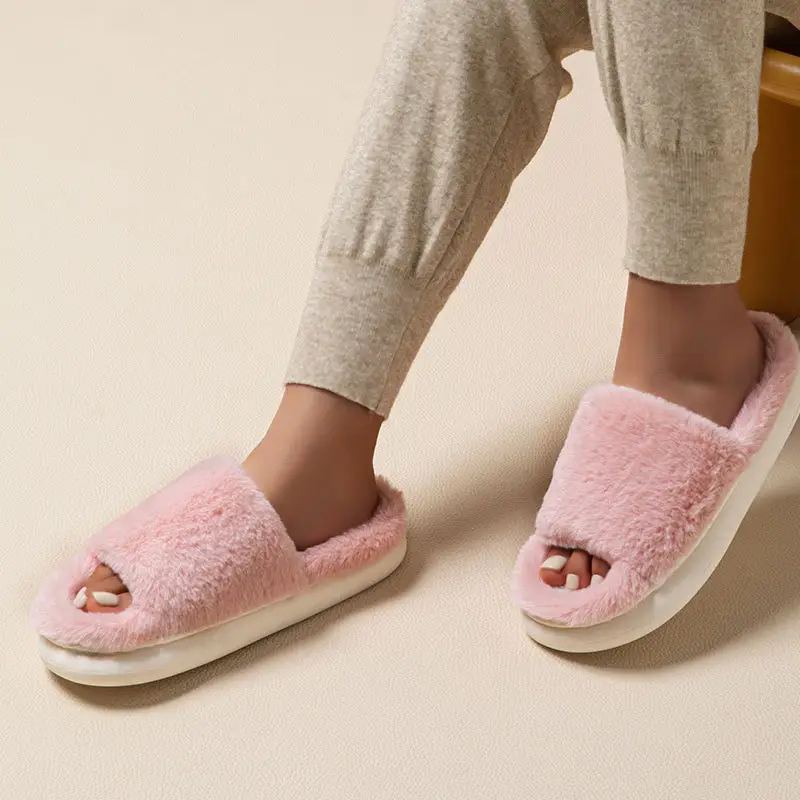 Cross-Border Thick-Soled Furry Slippers for Home Use, Indoor Cotton Slippers for Women, Plush Open-Toe Home Slippers for Men - Image 3
