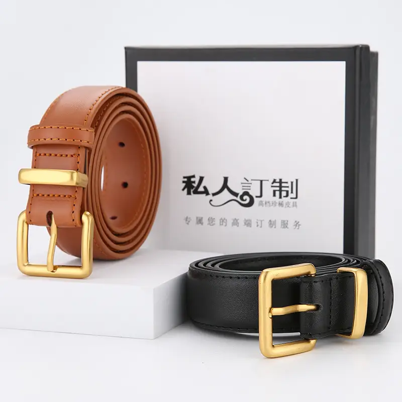 Women's Genuine Leather Belt Brown Black Gold Buckle - Image 8