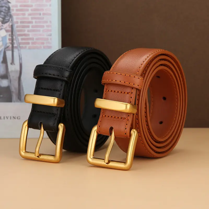 Women's Genuine Leather Belt Brown Black Gold Buckle - Image 11