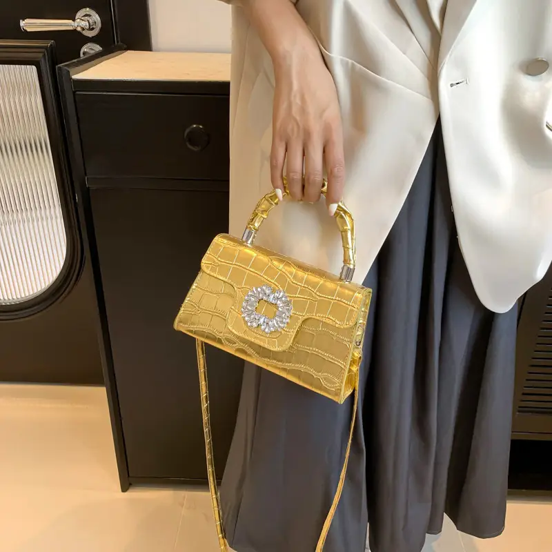 White Croc Embroidered Shoulder Bag with Bright Diamond Handle - Image 7