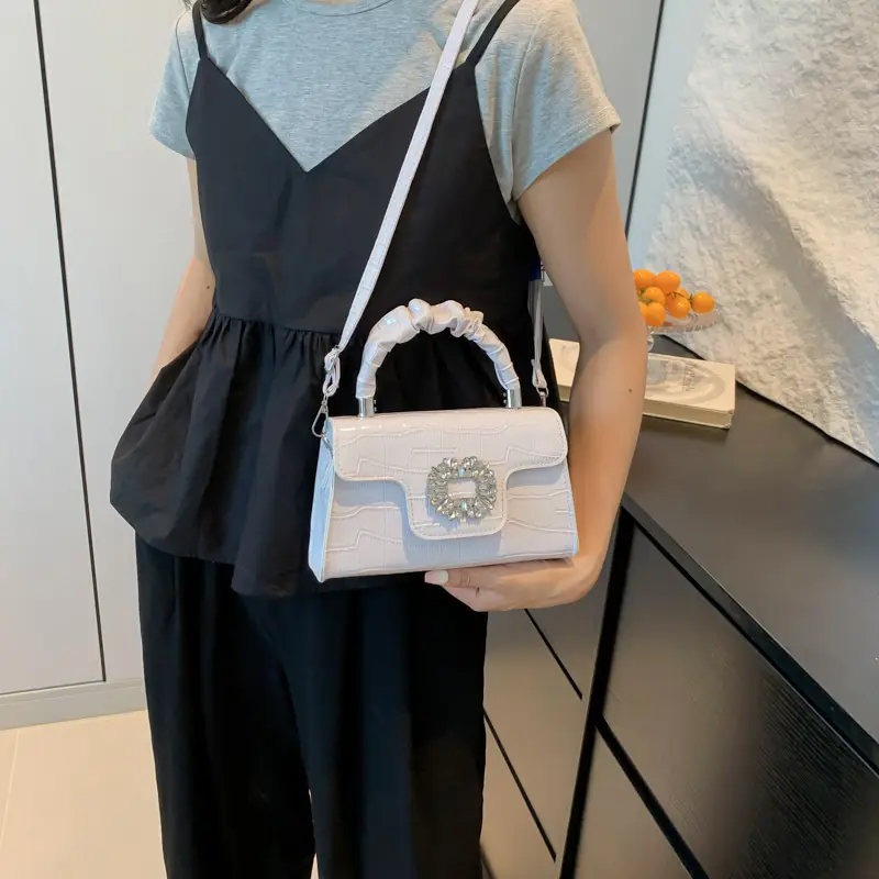 White Croc Embroidered Shoulder Bag with Bright Diamond Handle - Image 8