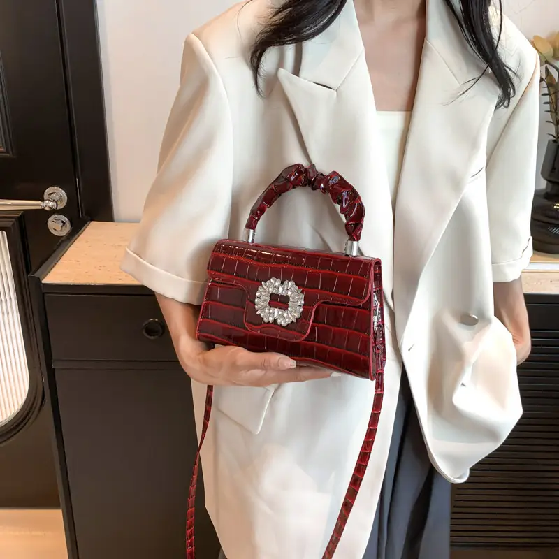 White Croc Embroidered Shoulder Bag with Bright Diamond Handle - Image 9