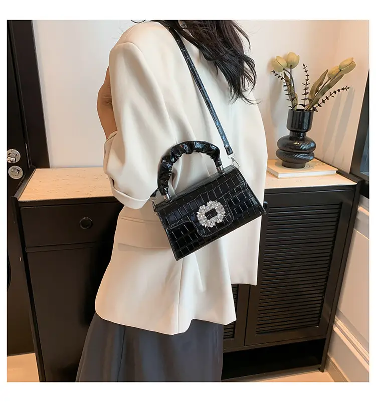 White Croc Embroidered Shoulder Bag with Bright Diamond Handle — feature 10