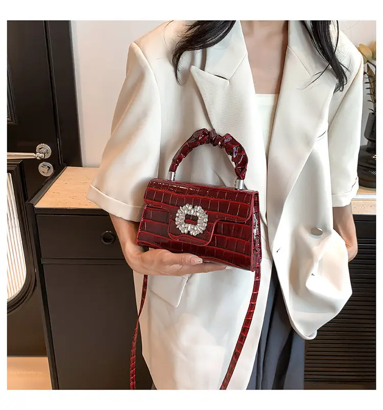 White Croc Embroidered Shoulder Bag with Bright Diamond Handle — feature 11