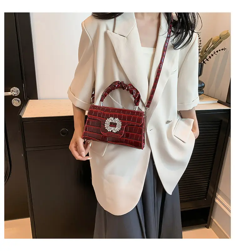 White Croc Embroidered Shoulder Bag with Bright Diamond Handle — feature 12