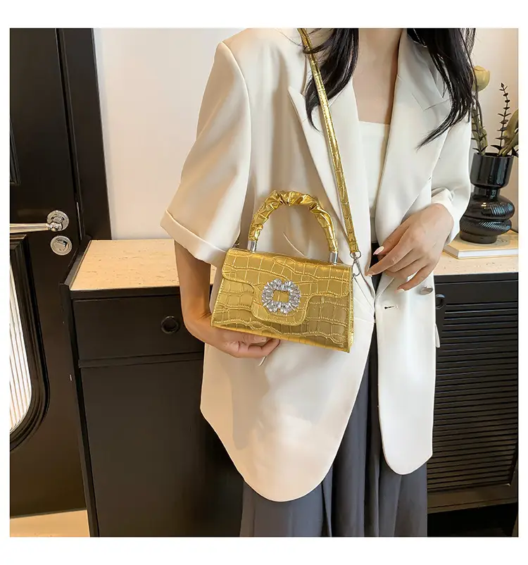 White Croc Embroidered Shoulder Bag with Bright Diamond Handle — feature 13
