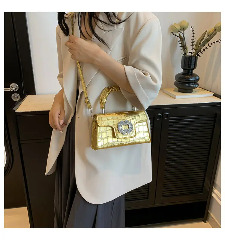 White Croc Embroidered Shoulder Bag with Bright Diamond Handle — feature 14