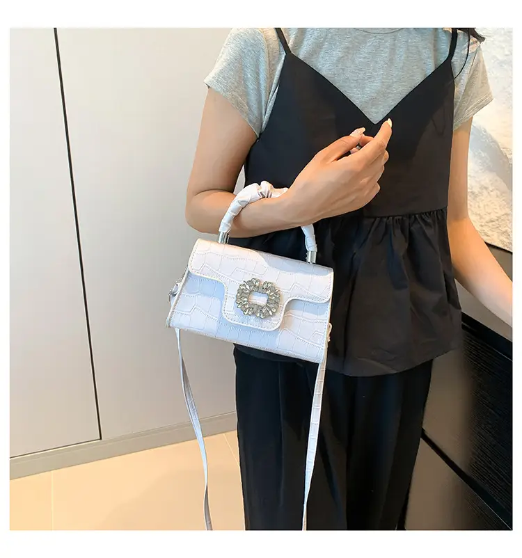 White Croc Embroidered Shoulder Bag with Bright Diamond Handle — feature 15