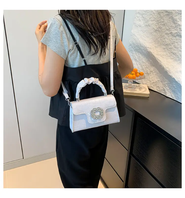 White Croc Embroidered Shoulder Bag with Bright Diamond Handle — feature 16