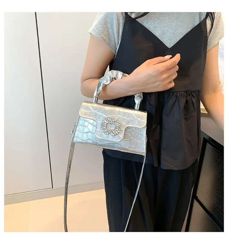 White Croc Embroidered Shoulder Bag with Bright Diamond Handle — feature 17