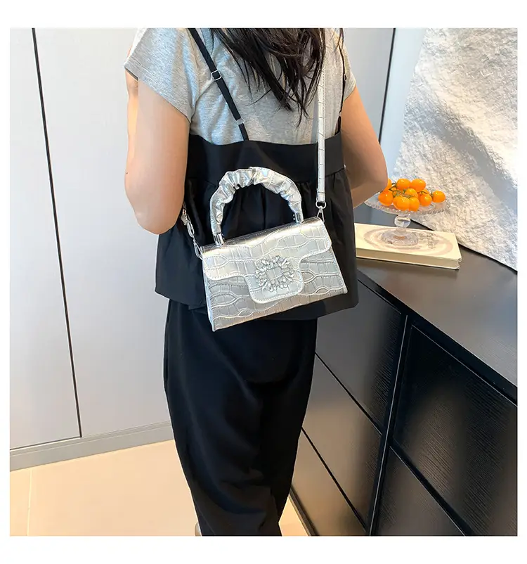 White Croc Embroidered Shoulder Bag with Bright Diamond Handle — feature 18