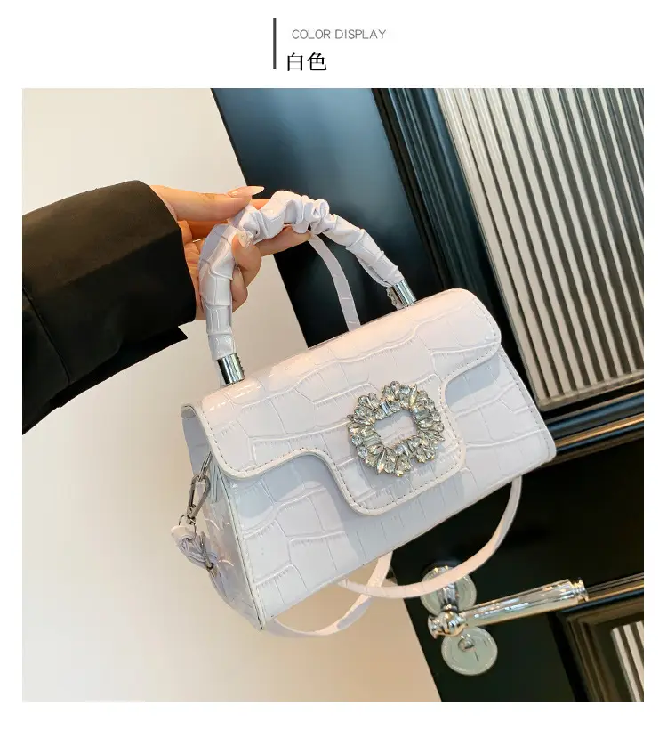 White Croc Embroidered Shoulder Bag with Bright Diamond Handle — feature 20