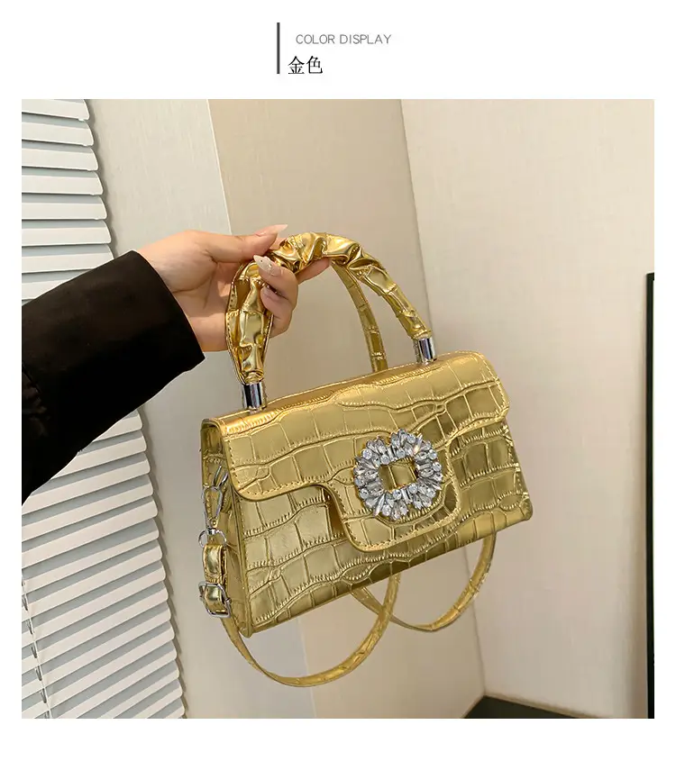 White Croc Embroidered Shoulder Bag with Bright Diamond Handle — feature 21