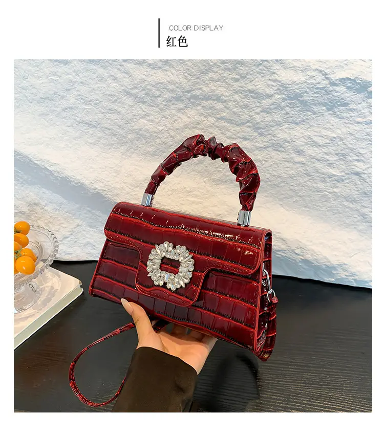 White Croc Embroidered Shoulder Bag with Bright Diamond Handle — feature 22