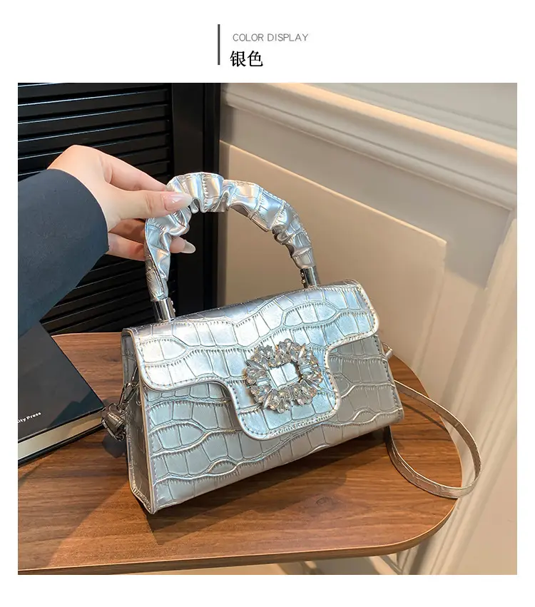 White Croc Embroidered Shoulder Bag with Bright Diamond Handle — feature 23