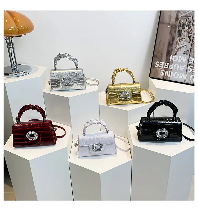 White Croc Embroidered Shoulder Bag with Bright Diamond Handle — feature 24