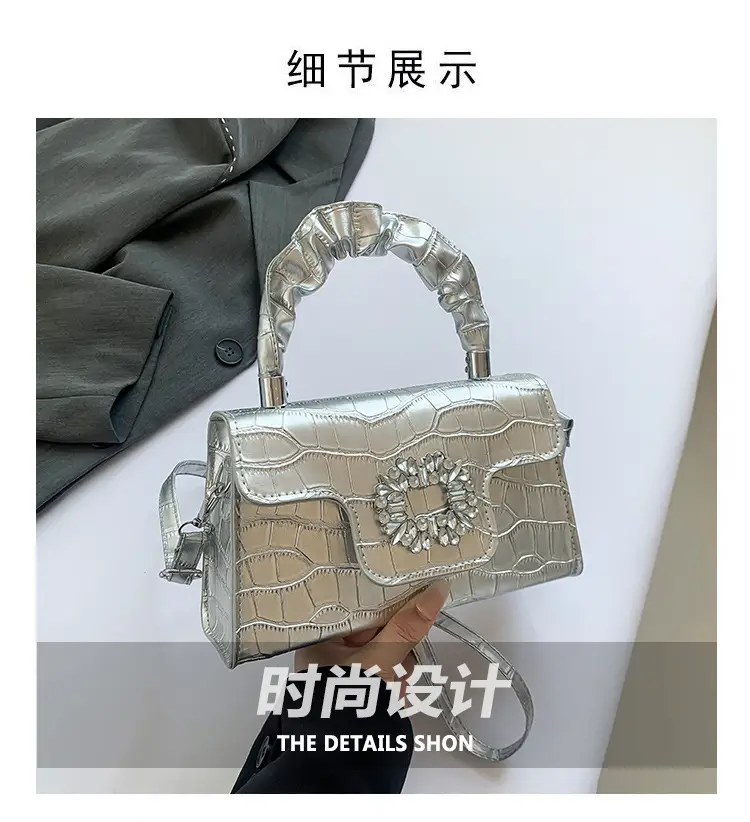 White Croc Embroidered Shoulder Bag with Bright Diamond Handle — feature 3