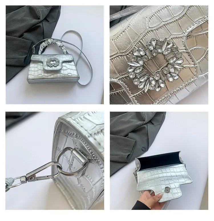 White Croc Embroidered Shoulder Bag with Bright Diamond Handle — feature 8