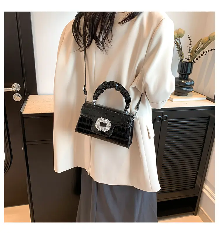 White Croc Embroidered Shoulder Bag with Bright Diamond Handle — feature 9