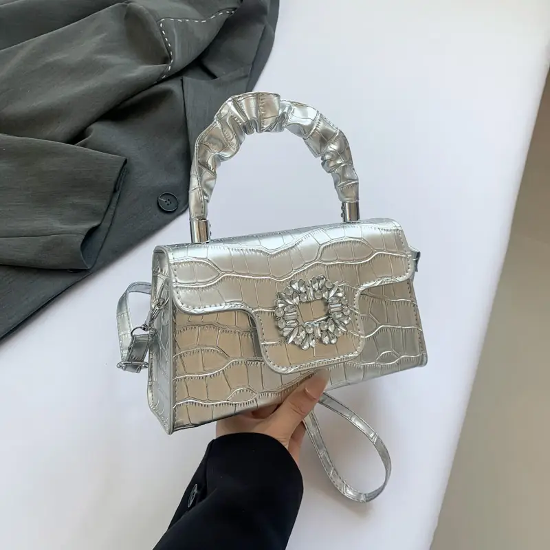 White Croc Embroidered Shoulder Bag with Bright Diamond Handle - Image 2