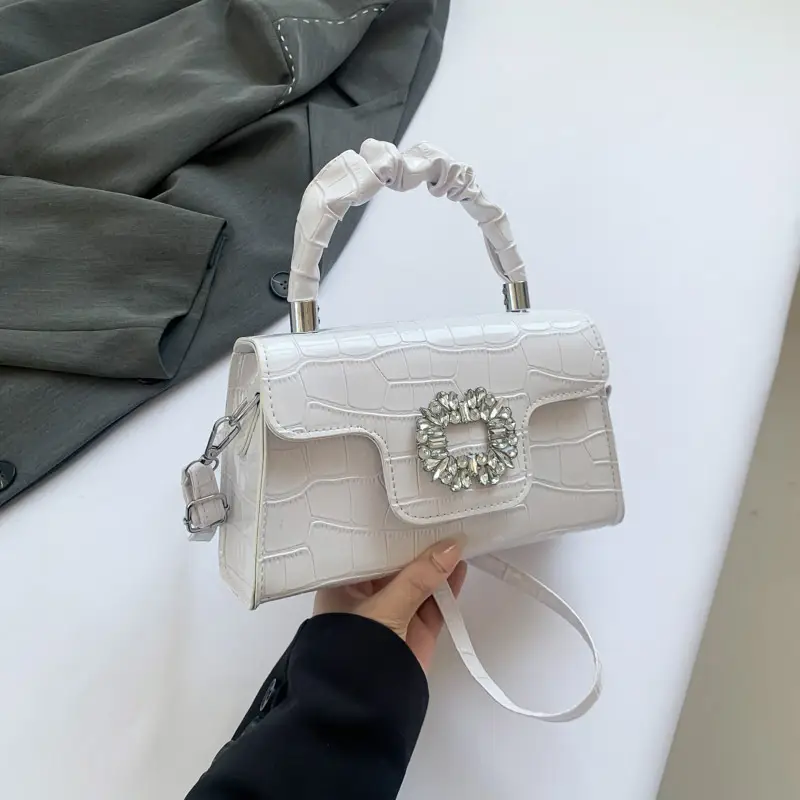 White Croc Embroidered Shoulder Bag with Bright Diamond Handle - Image 3
