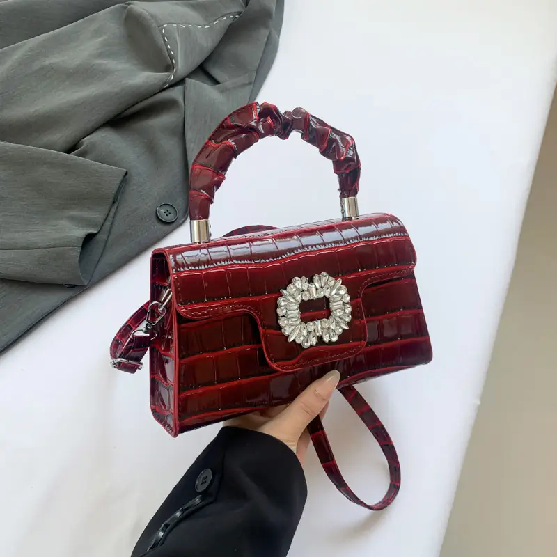 White Croc Embroidered Shoulder Bag with Bright Diamond Handle - Image 4