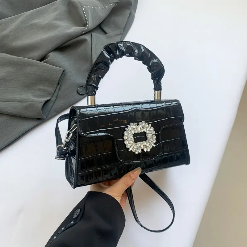 White Croc Embroidered Shoulder Bag with Bright Diamond Handle - Image 5