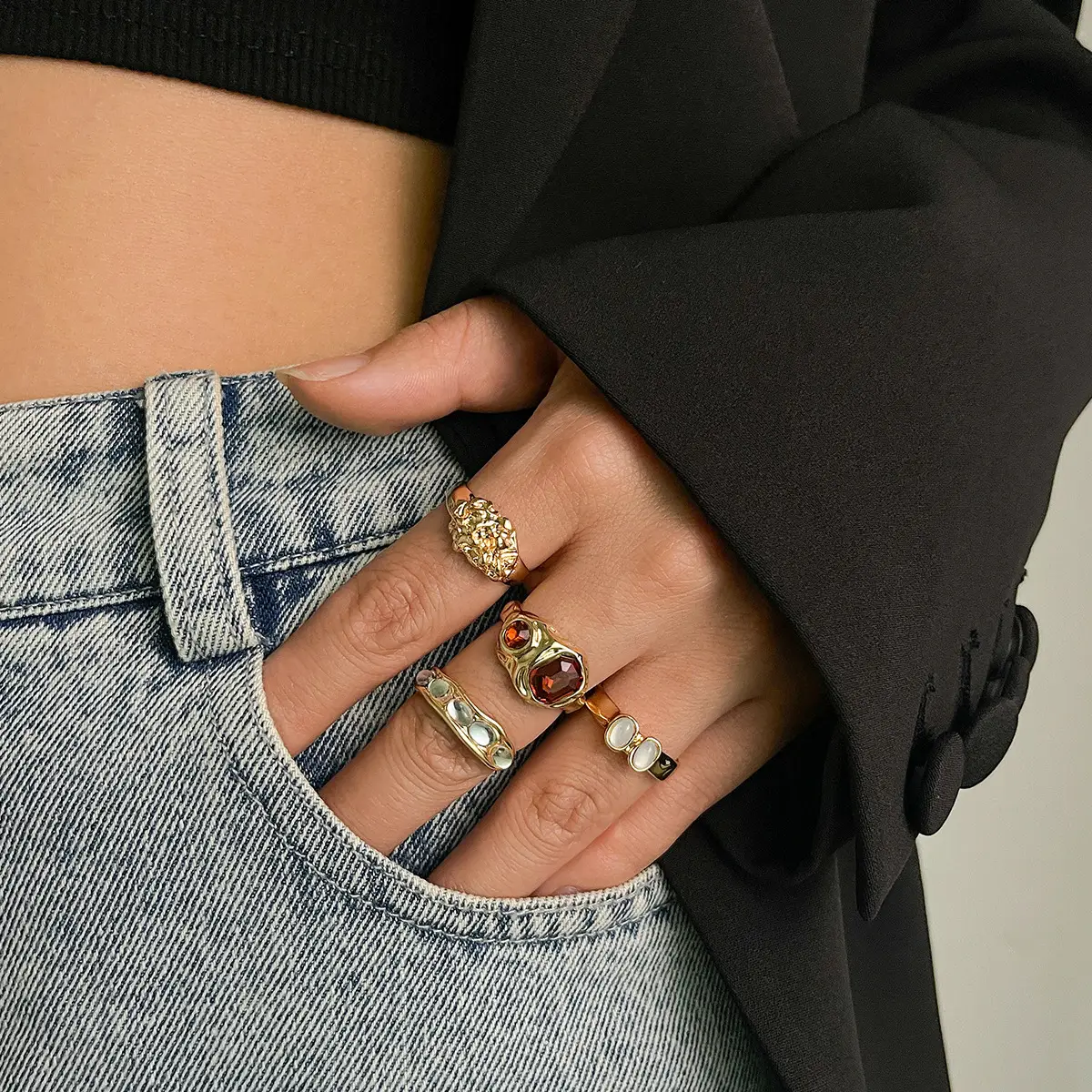 Gold Geometric Diamond Ring Set for Women - Image 9