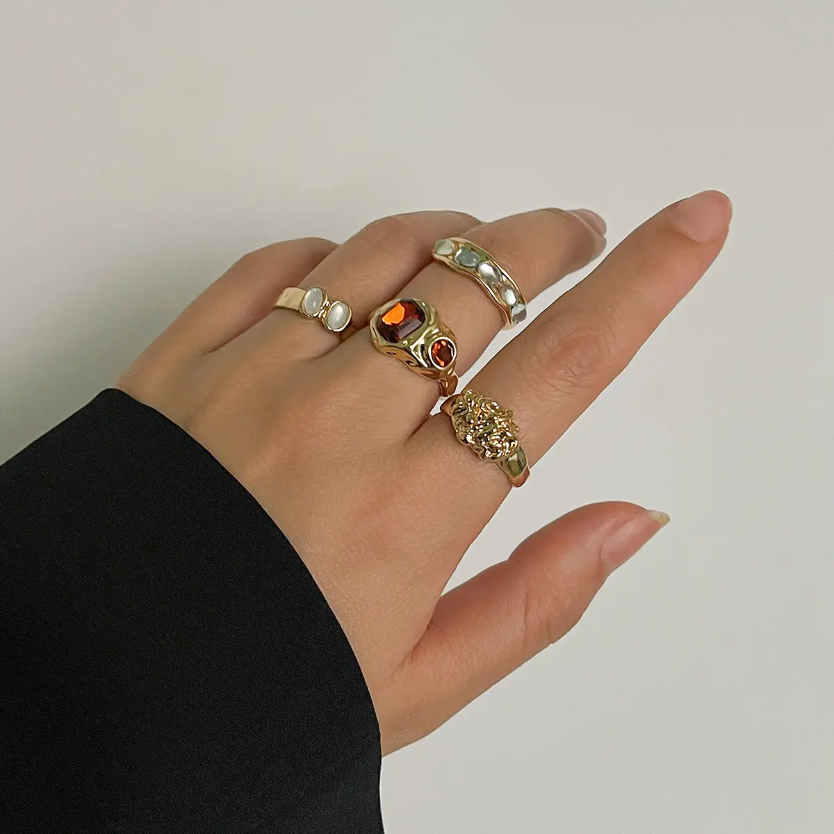 Gold Geometric Diamond Ring Set for Women - Image 10