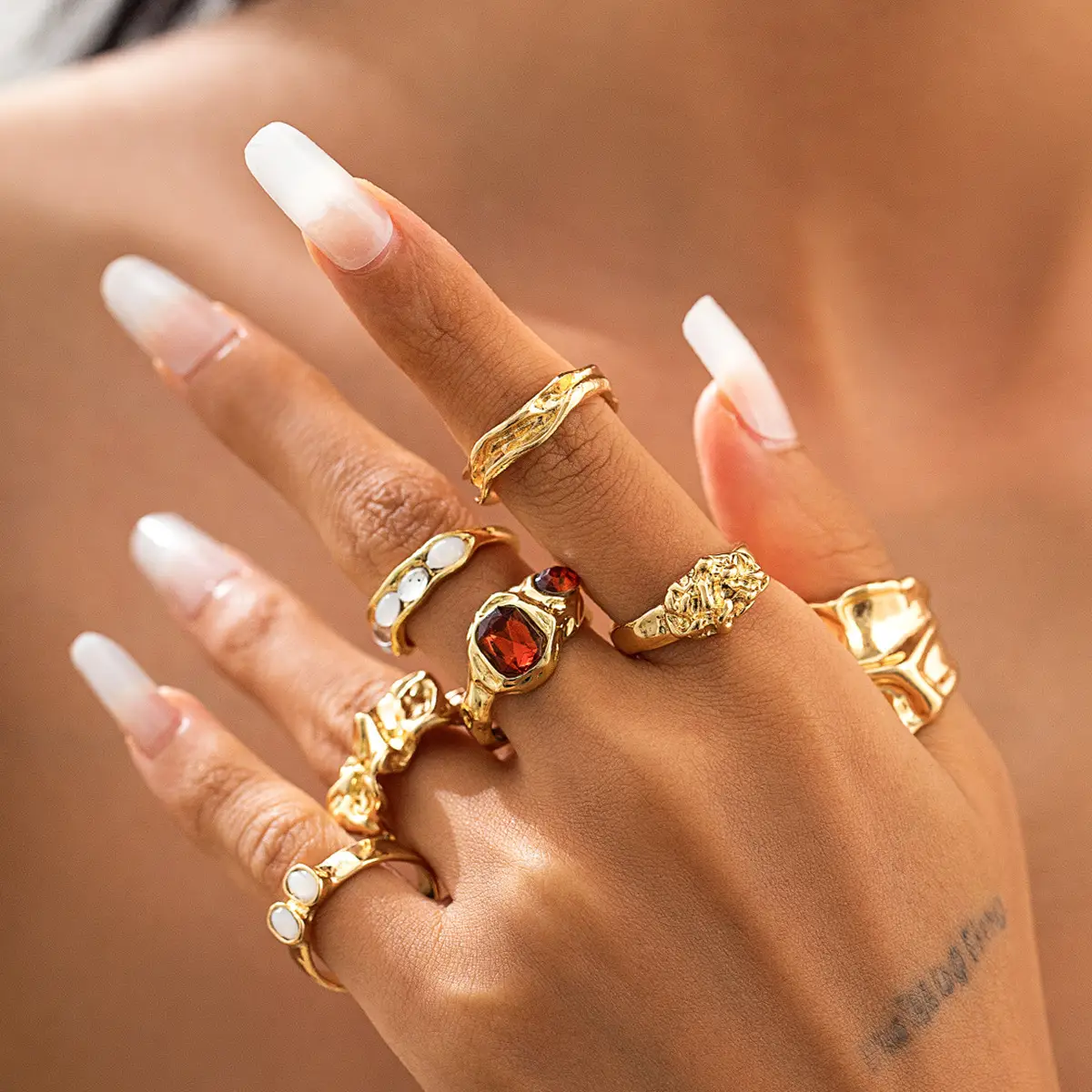 Gold Geometric Diamond Ring Set for Women - Image 6