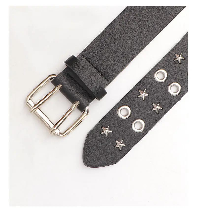 Women's Black Star Buckle Belt European American Rivet — feature 17