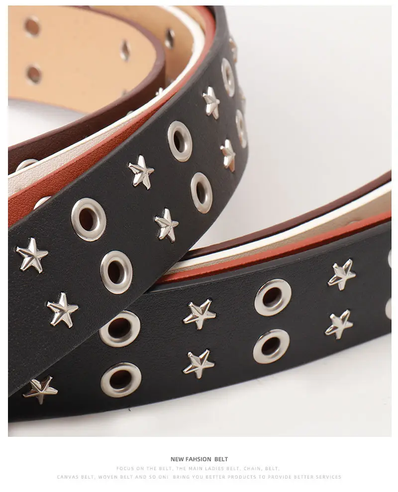 Women's Black Star Buckle Belt European American Rivet — feature 21
