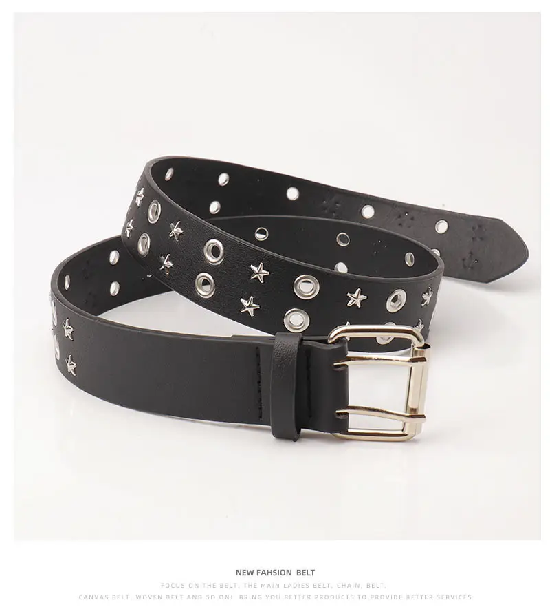 Women's Black Star Buckle Belt European American Rivet — feature 23