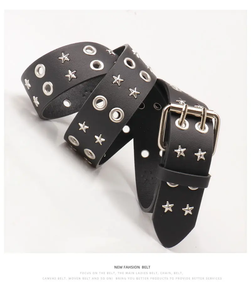 Women's Black Star Buckle Belt European American Rivet — feature 24