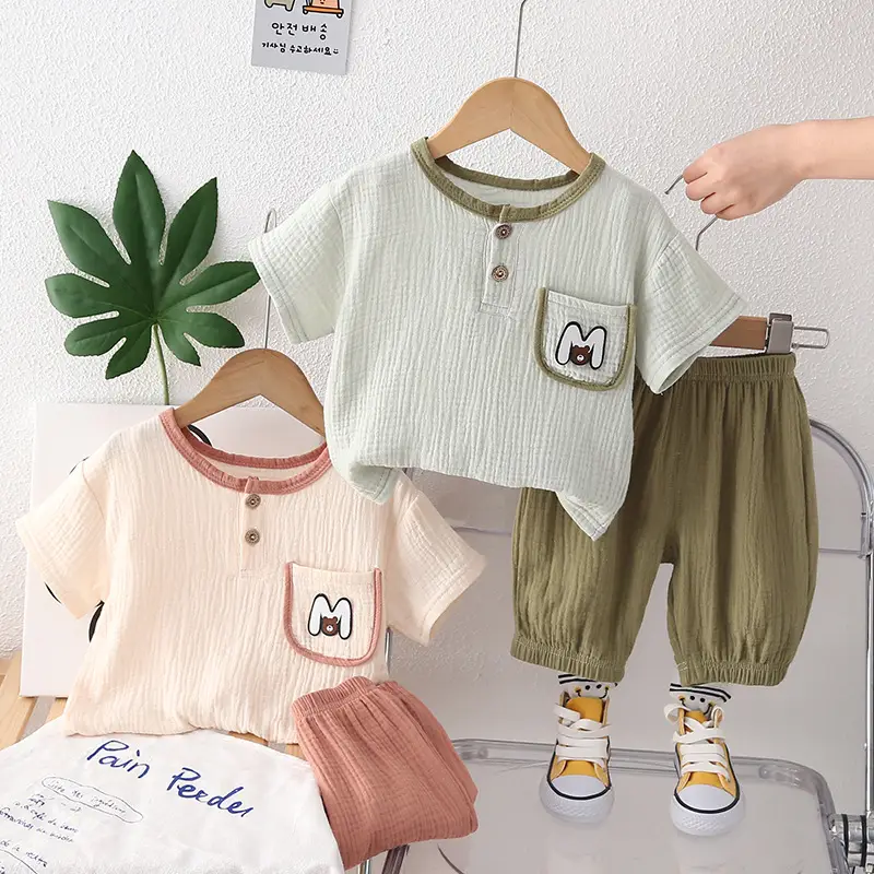 2024 Summer Boys T-Shirt Shorts Set Olive Green - Image 3