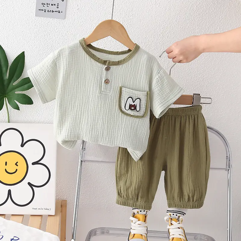 2024 Summer Boys T-Shirt Shorts Set Olive Green - Image 2