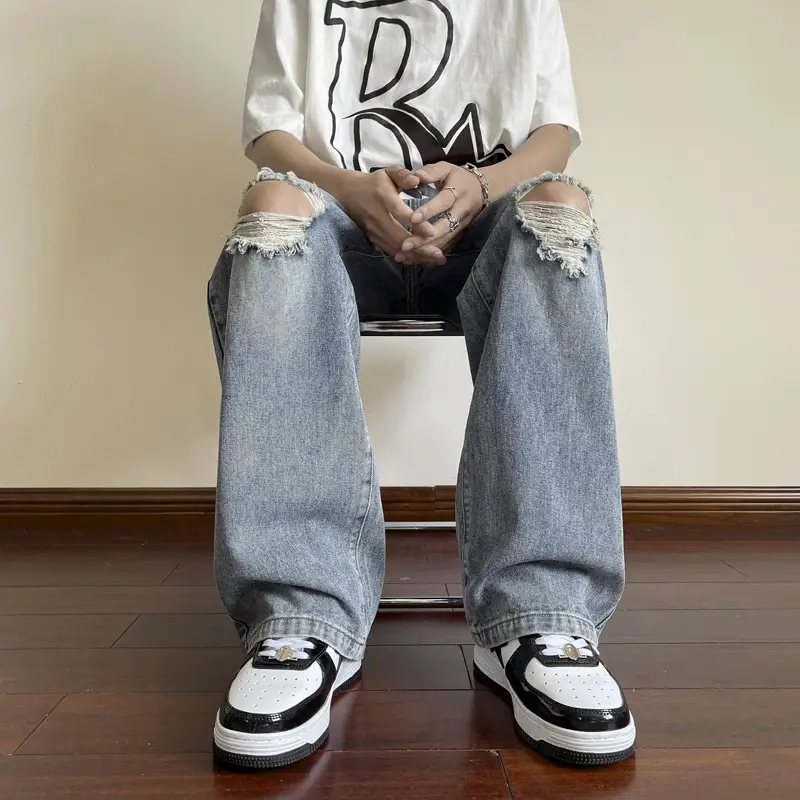 Men's Wide Leg Ripped Denim Jeans Summer Casual Pants - Image 2
